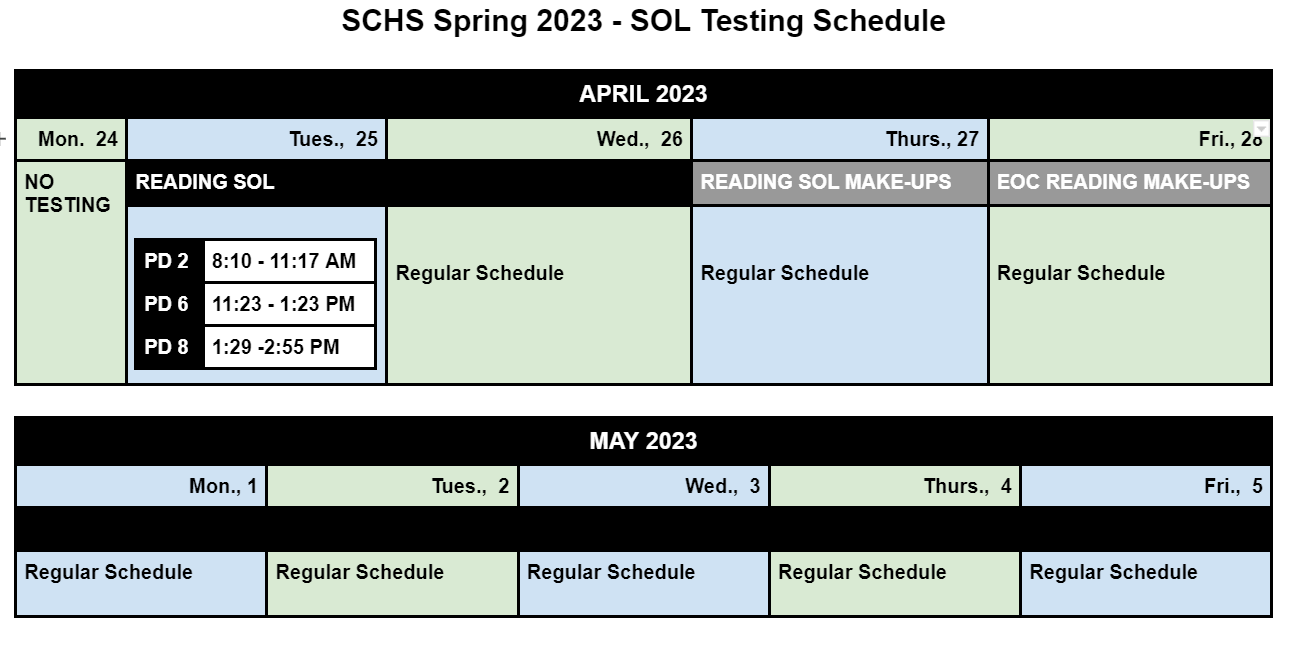 Spring S O L Testing Calendar for 2023