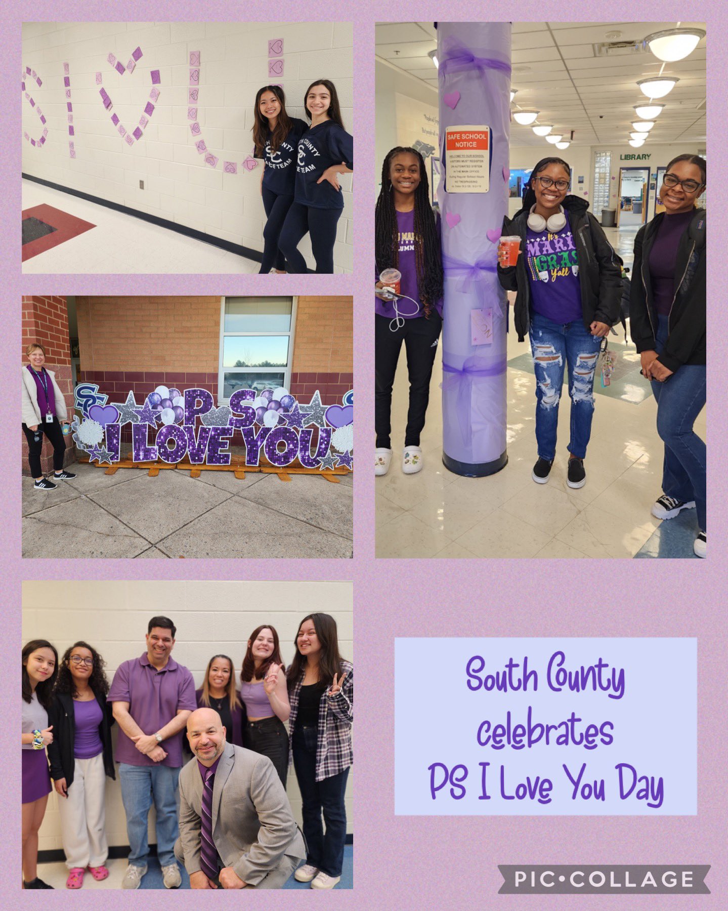 Photo collage of students wearing purple  and decorations at SCHS in honor of "P.S. I Love You Day."