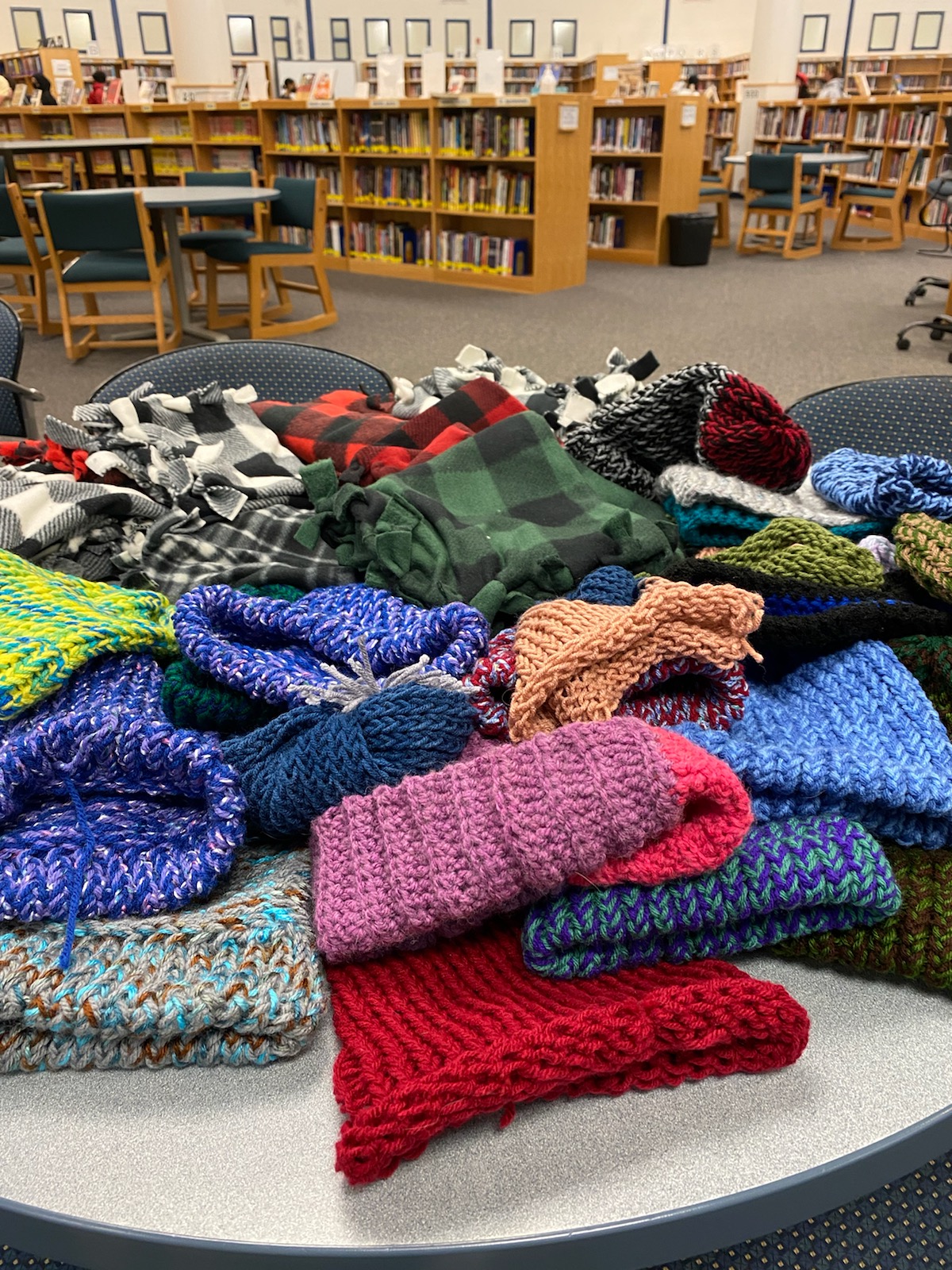 A collection of hats for the homeless and pet blankets for animals shelters made by South County High students in their library.