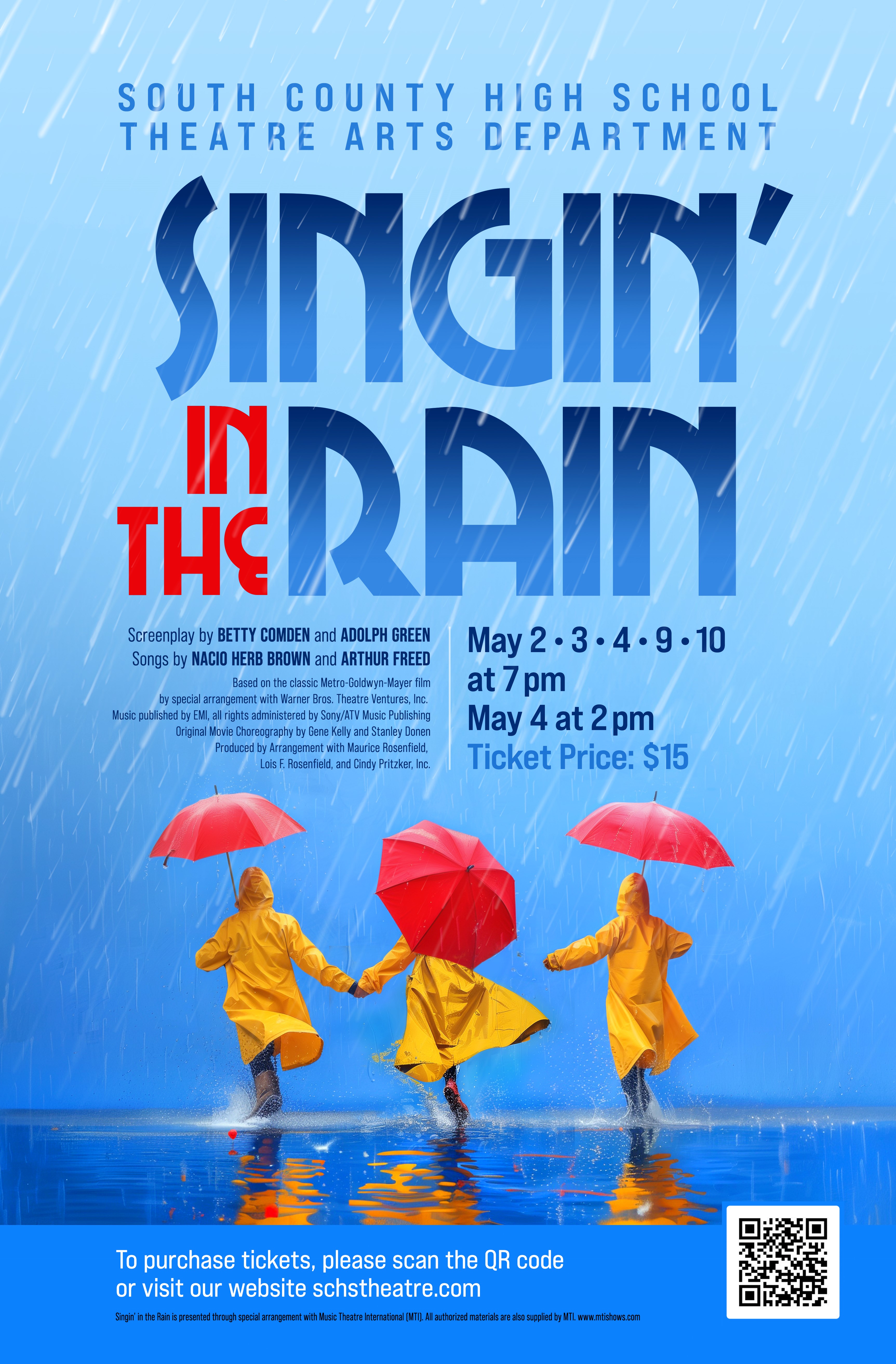 SCHS Theater presents "Singin in the Rain," Showtimes on May 2, 3, 4, 9, an 10 at 7 pm. May 4 will be at 2 pm. Tickets are $15